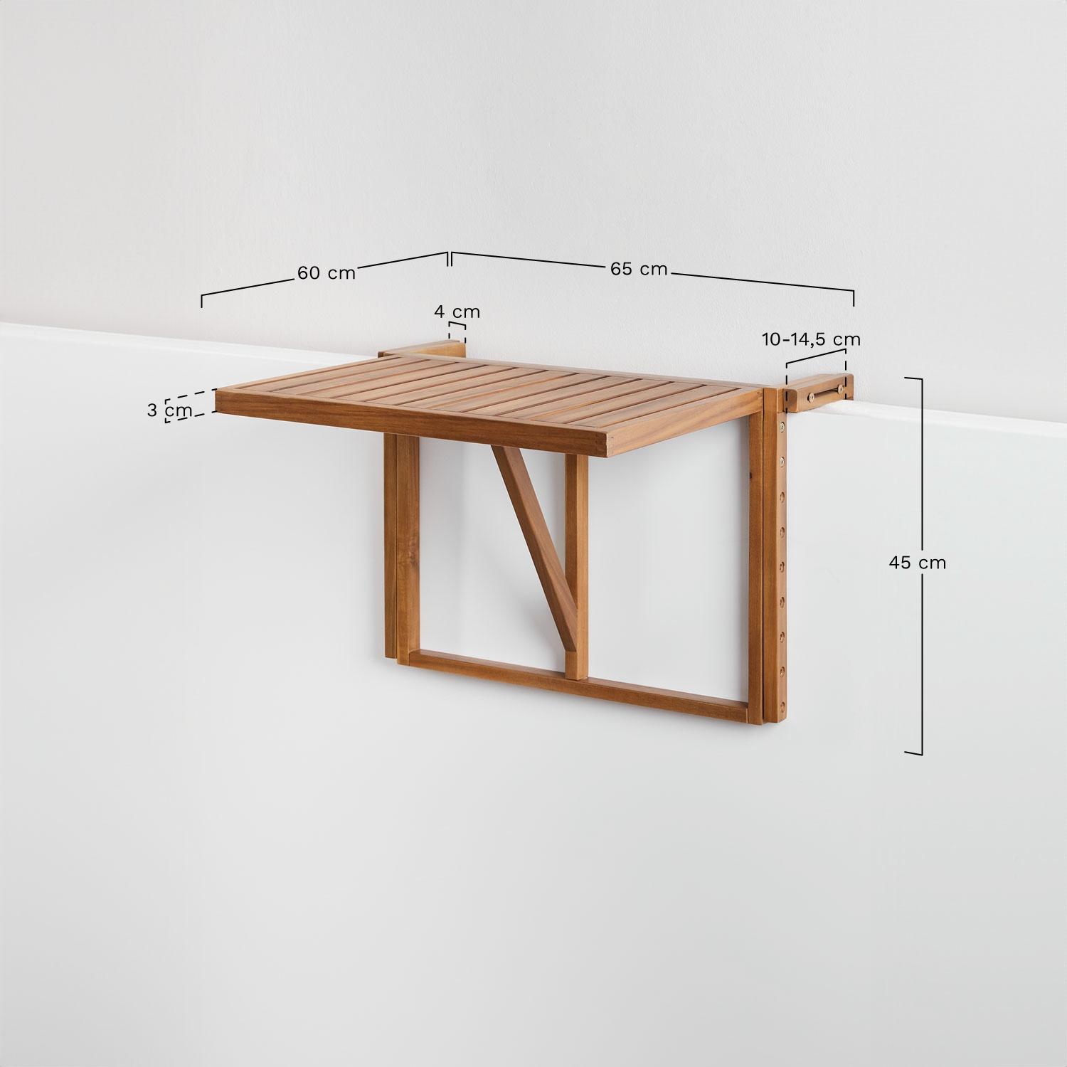 Mesa de jardim retangular 65x60 cm suspensa e dobrável em madeira de acácia Delawer, Dimens&otilde;es