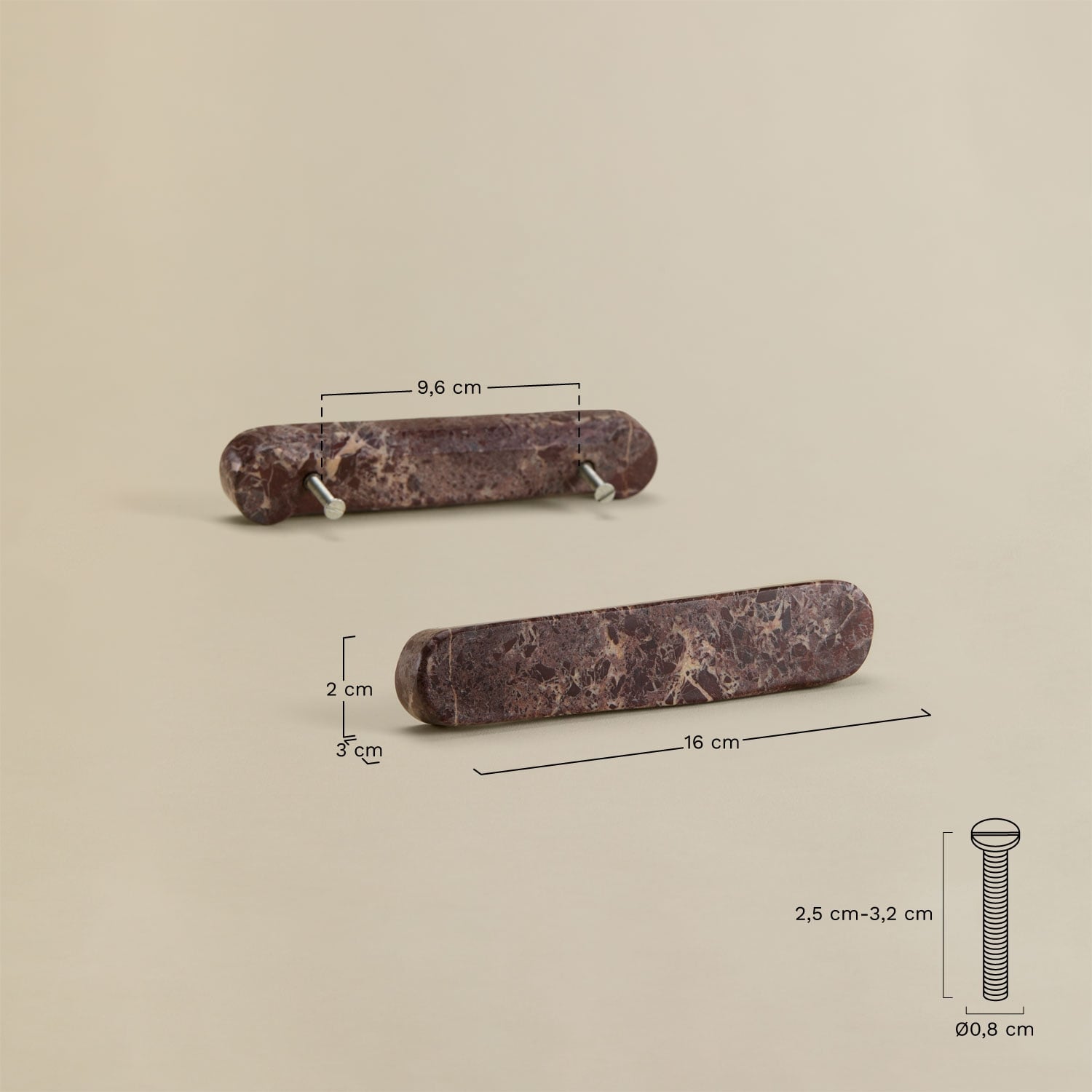 Pack de 2 puxadores em pedra natural Casbina, Dimens&otilde;es
