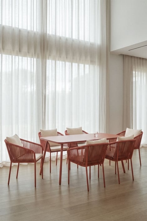 Conjunto de mesa retangular 160x90 cm e 6 cadeiras de jantar em corda trançada Arhiza Classic - Terracota