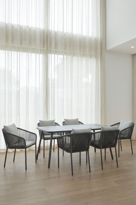 Conjunto de mesa retangular 160x90 cm e 6 cadeiras de jantar em corda trançada Arhiza Classic - Cinza Grafito