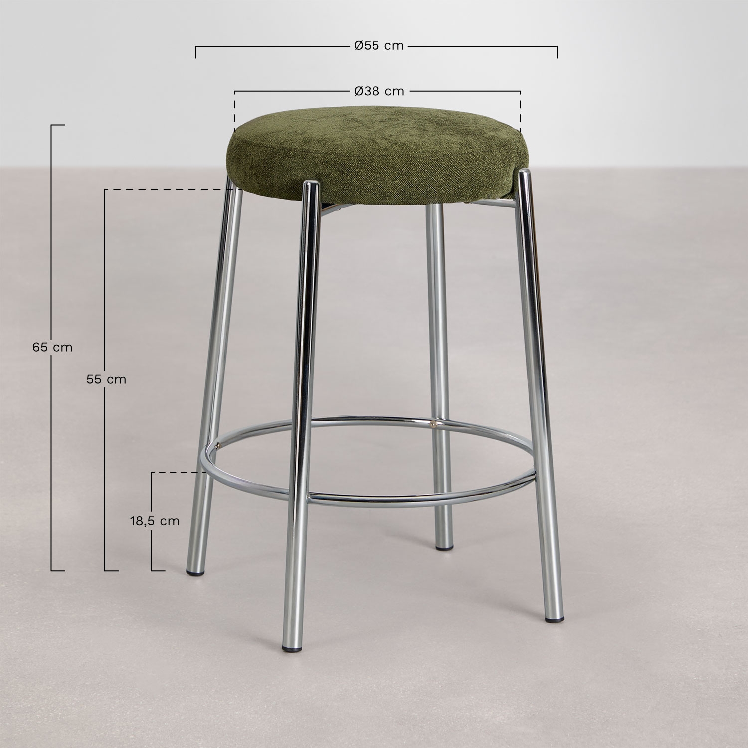 Banqueta alta estofada e em ferro Zantria, Dimens&otilde;es
