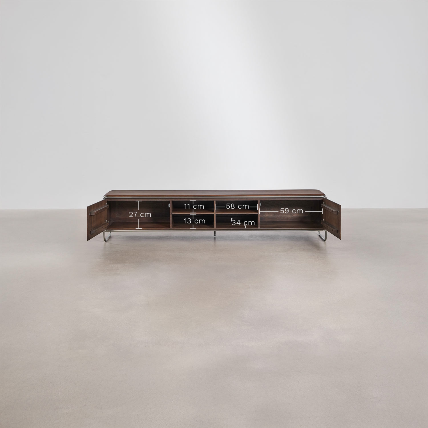 Móvel de TV em madeira de acácia e aço inoxidável Altrex, Dimens&otilde;es