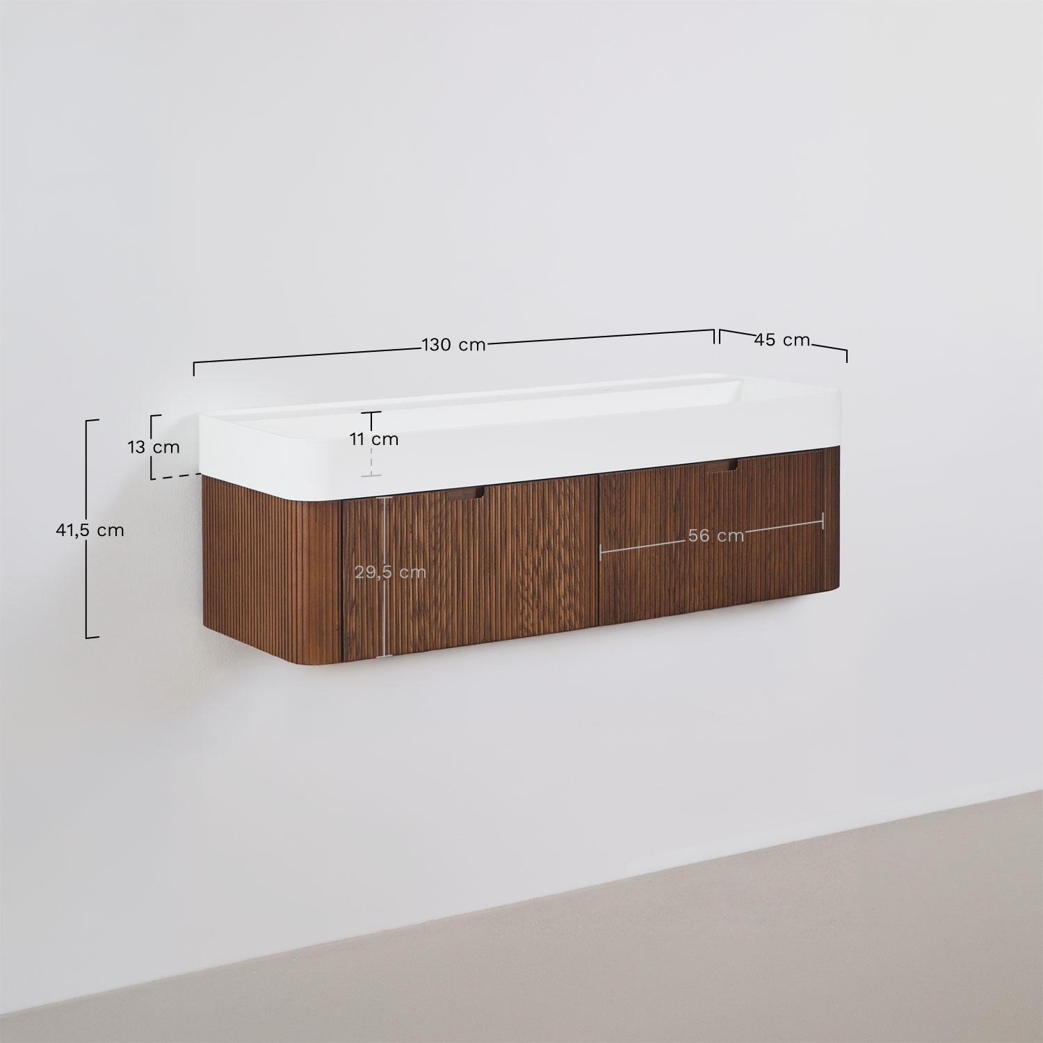 Conjunto de móvel de casa de banho suspenso 130x45 cm em madeira com lavatório integrado Saioa, Dimens&otilde;es