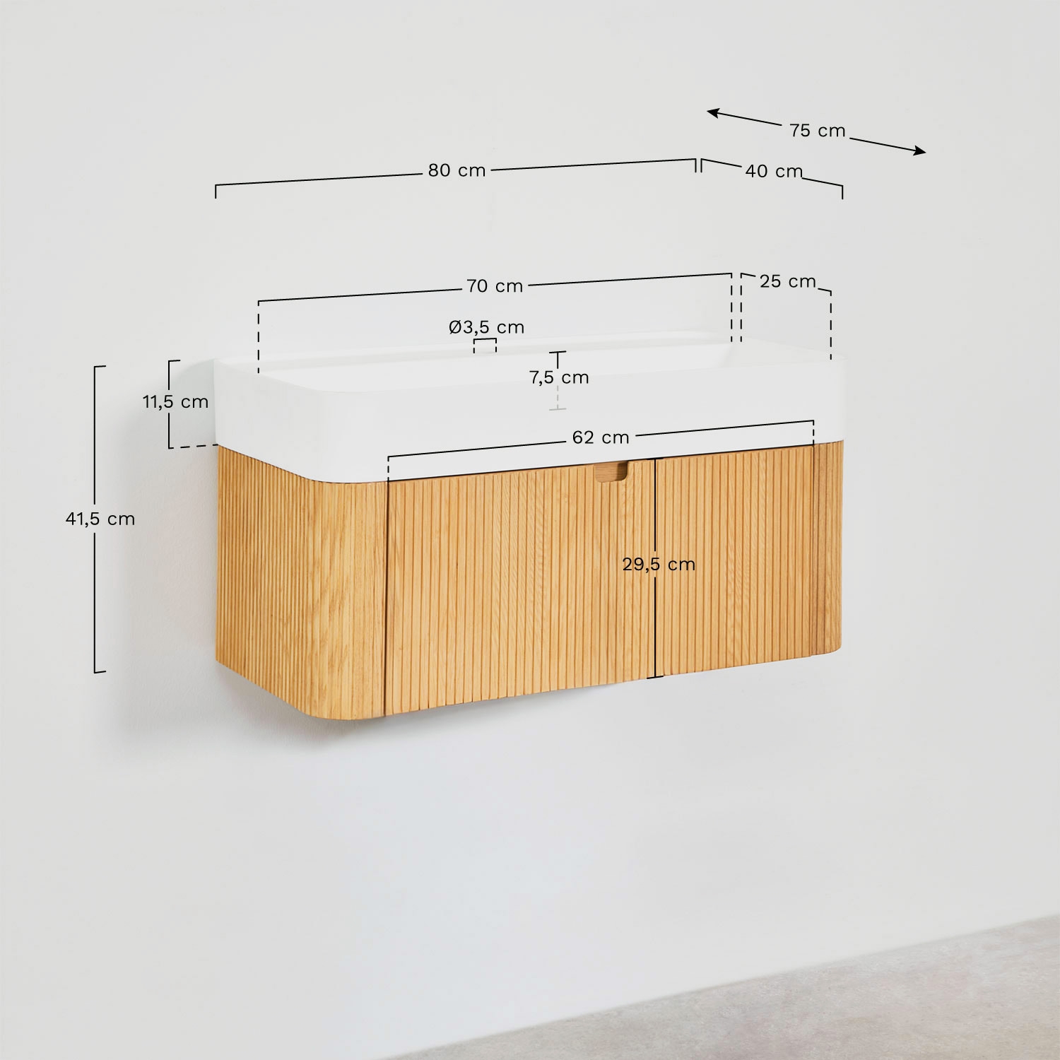 Conjunto de móvel de casa de banho suspenso 80x40 cm em madeira com lavatório integrado Saioa, Dimens&otilde;es