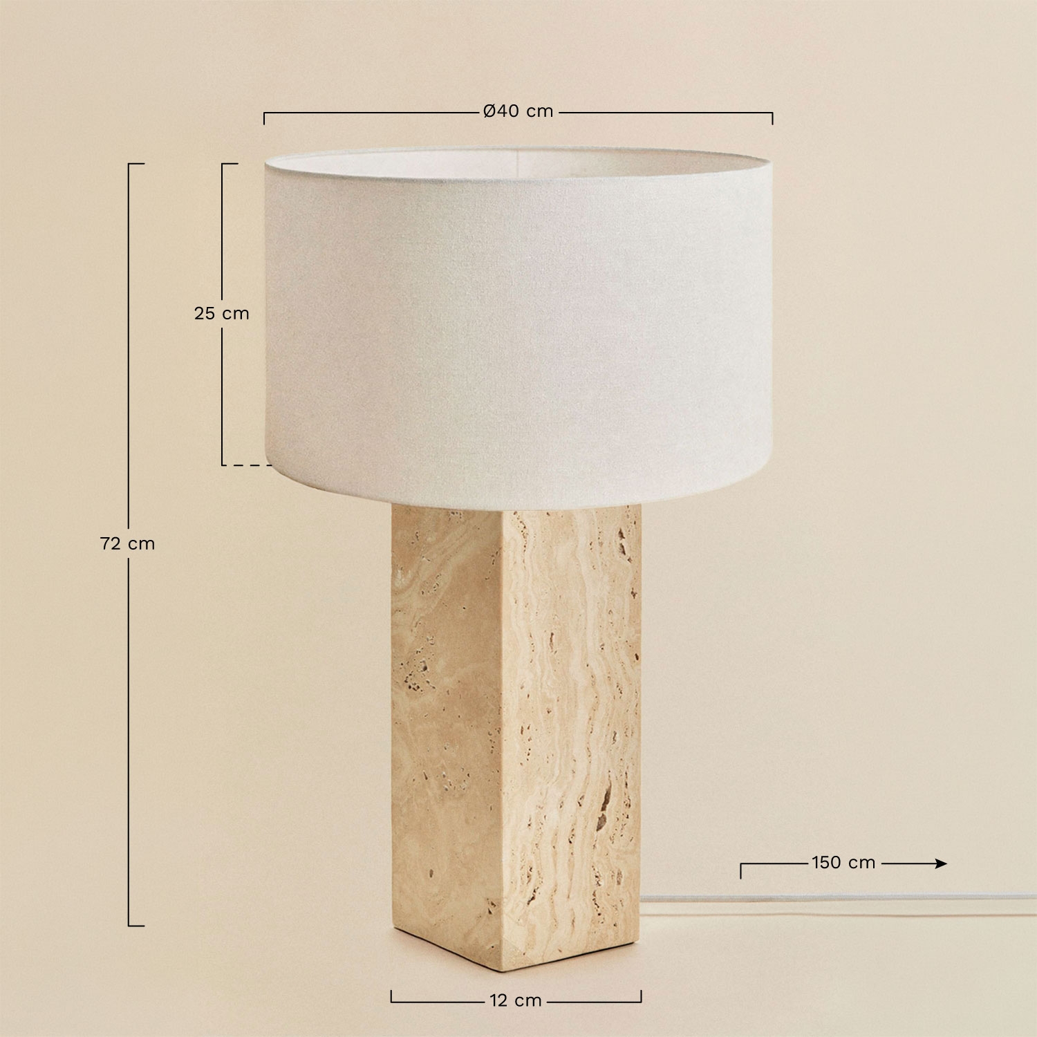 Lâmpada de mesa em travertino Davise, Dimens&otilde;es