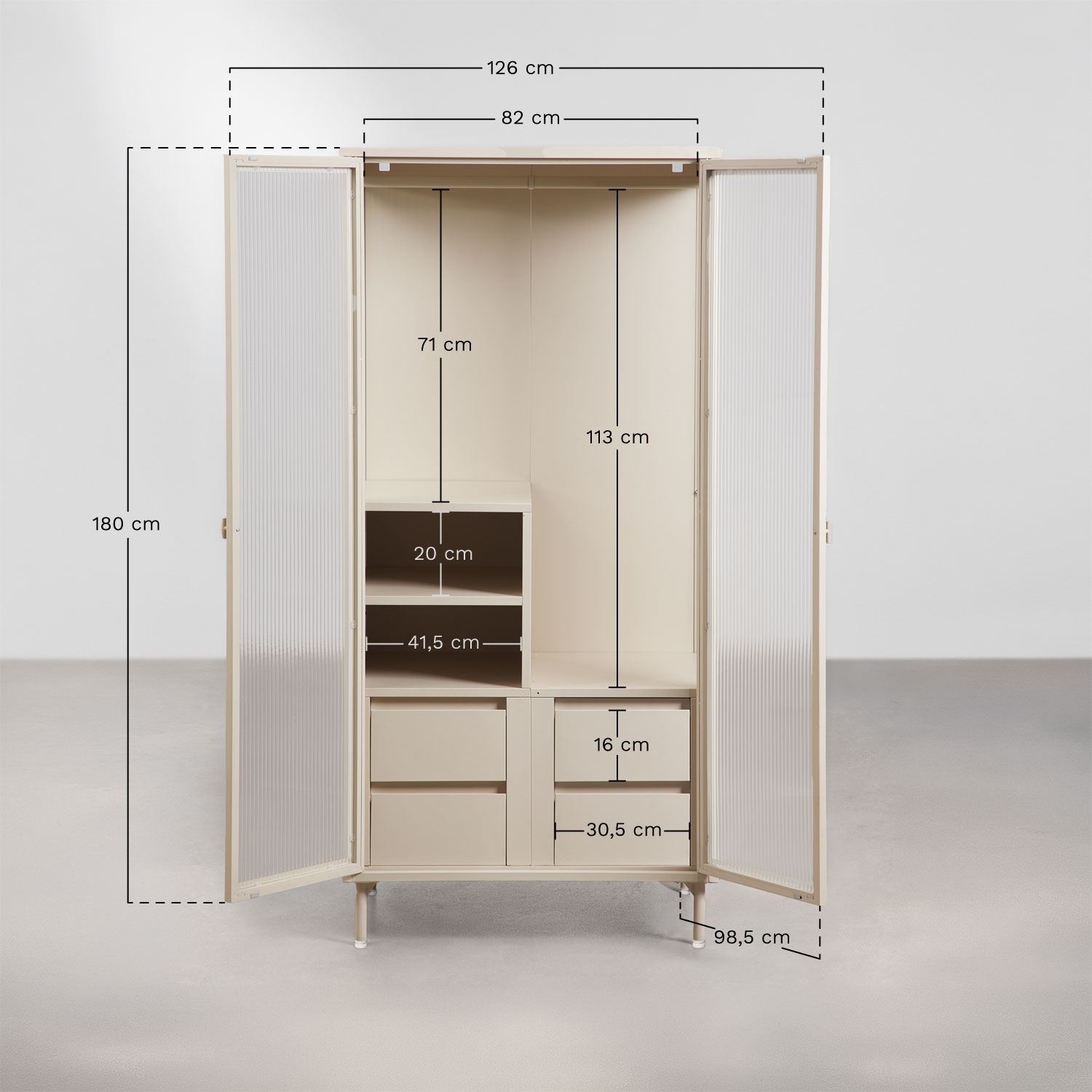 Armário 85x180 cm em aço e vidro Paoline, Dimens&otilde;es