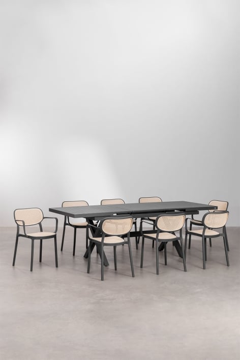 Conjunto de mesa retangular extensível Karena 180-240x90 cm e 8 cadeiras de jantar empilháveis com apoios de braços Omara