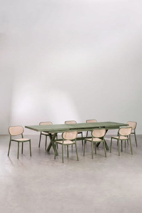 Conjunto de mesa retangular extensível 240-300x100 cm em alumínio Karena e 8 cadeiras de jantar empilháveis em polipropileno Oma - Verde Azeitona Intenso