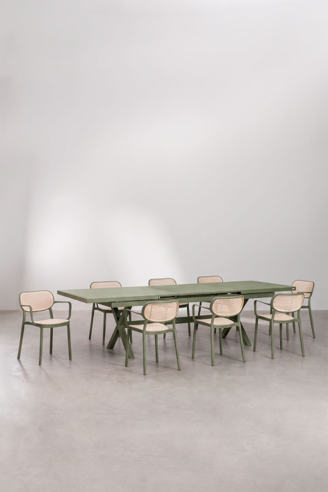 Conjunto de mesa retangular extensível Karena 240-300x100 cm e 8 cadeiras de jardim empilháveis com apoios de braços Omara - Verde Azeitona Intenso