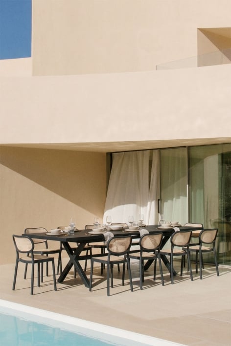 Conjunto de mesa retangular extensível 240-300x100 cm em alumínio Karena e 10 cadeiras de jardim empilháveis em polipropileno Om