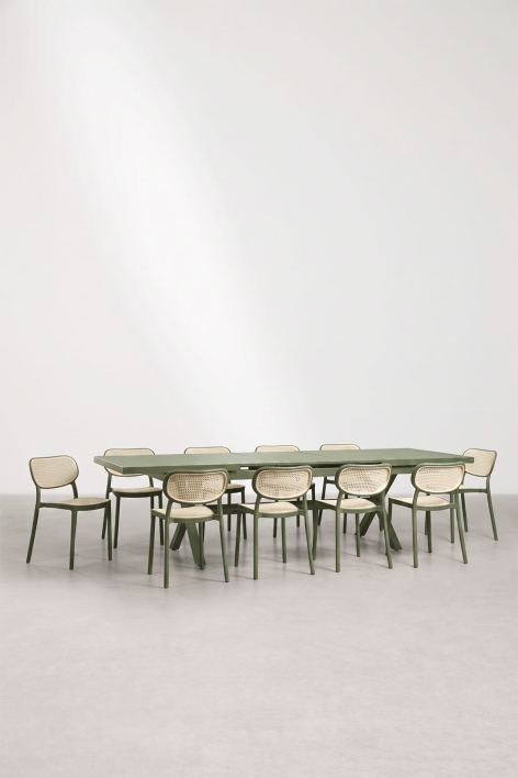 Conjunto de mesa retangular extensível 240-300x100 cm em alumínio Karena e 10 cadeiras de jardim empilháveis em polipropileno Om - Verde Azeitona Intenso