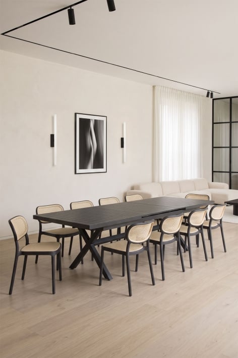 Conjunto de mesa retangular extensível 240-300x100 cm em alumínio Karena e 10 cadeiras de jantar empilháveis em polipropileno Om