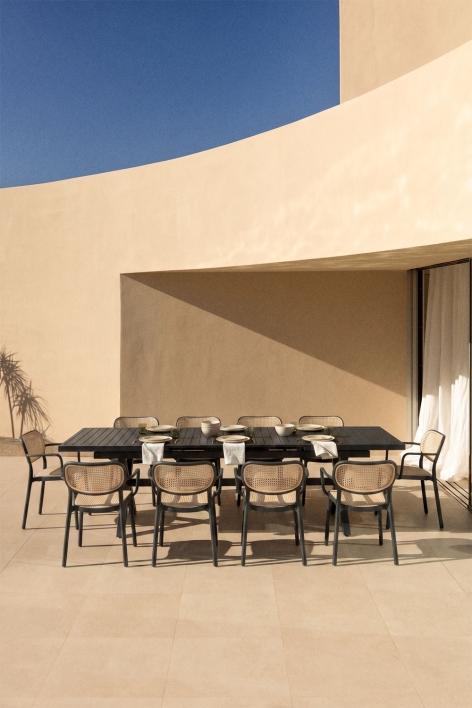 Conjunto de mesa retangular extensível Karena 240-300x100 cm e 10 cadeiras de jardim empilháveis com apoios de braços Omara - Cinza Grafito