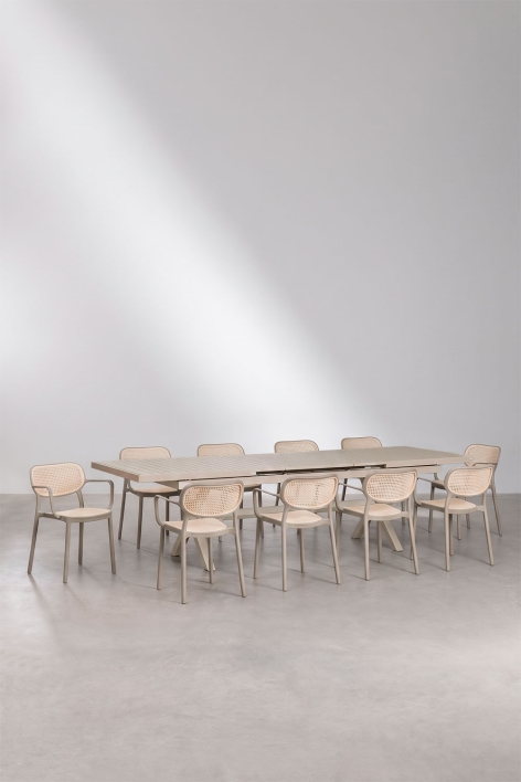 Conjunto de mesa retangular extensível Karena 240-300x100 cm e 10 cadeiras de jardim empilháveis com apoios de braços Omara - Moka Brown