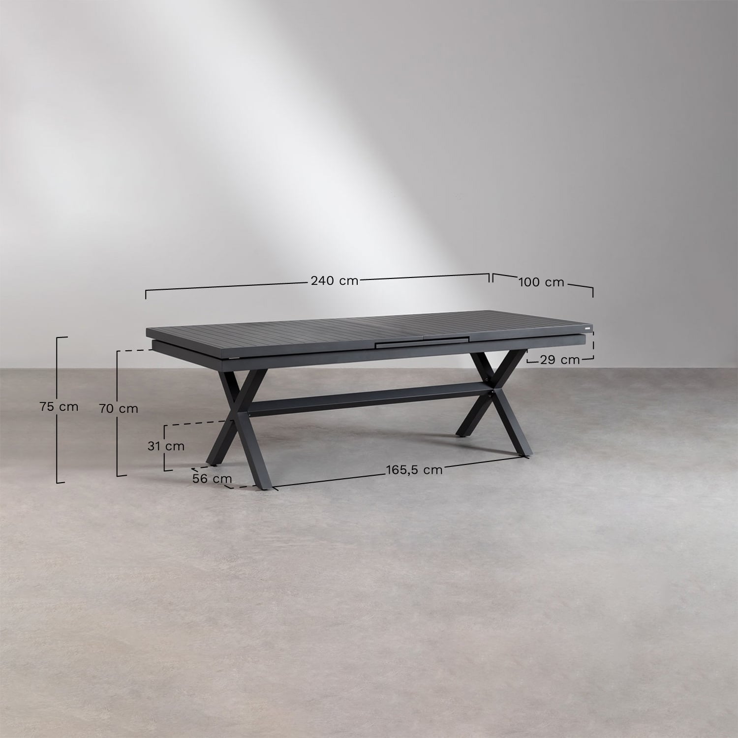 Conjunto de mesa retangular extensível Karena 240-300x100 cm e 10 cadeiras de jardim empilháveis com apoios de braços Omara, Dimens&otilde;es