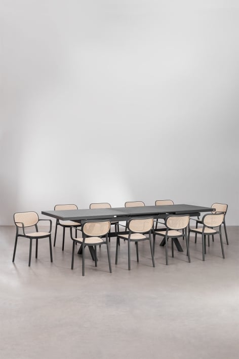 Conjunto de mesa retangular extensível Karena 240-300x100 cm e 10 cadeiras de jantar empilháveis com apoios de braços Omara