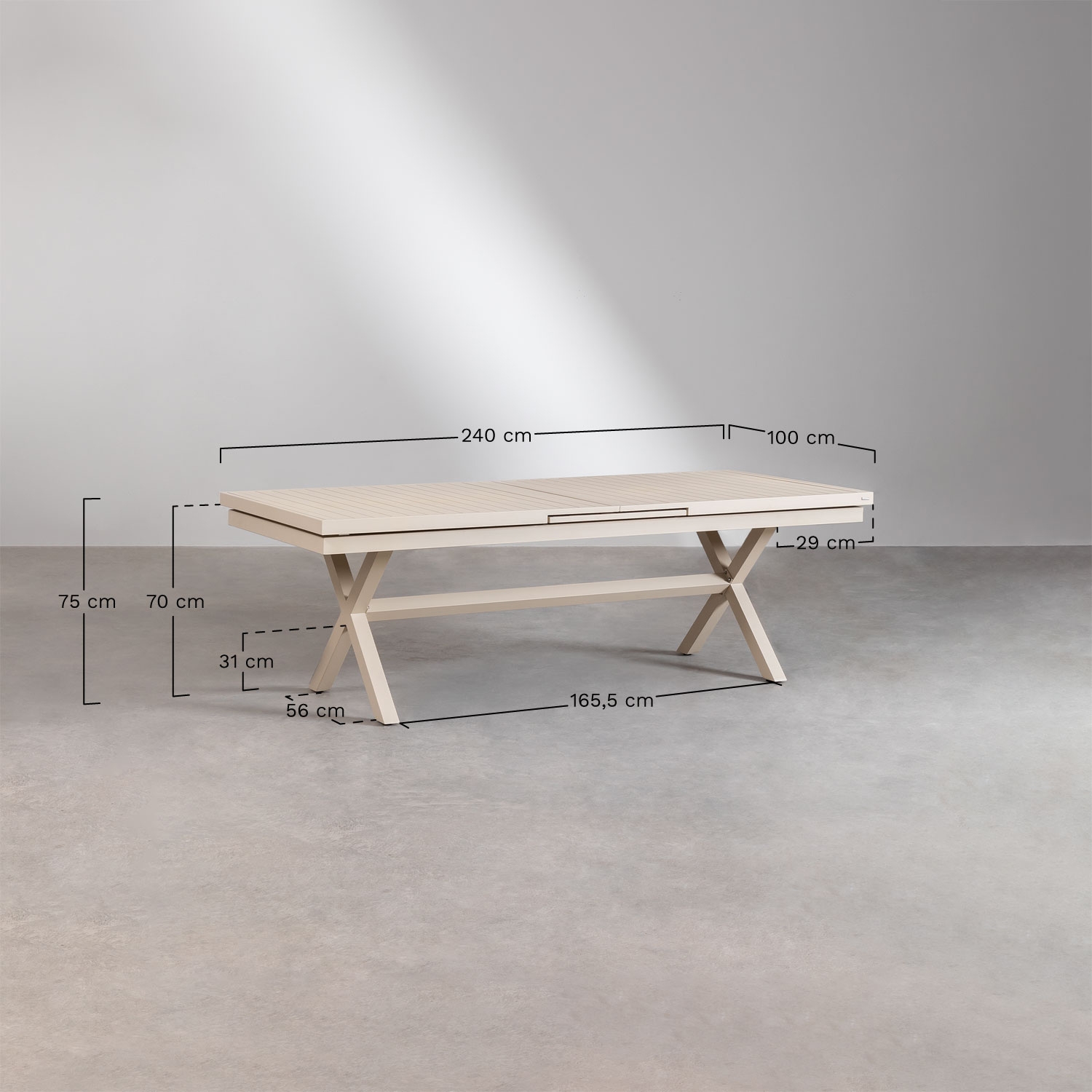 Rectangular extensible dining table in aluminum Karena, Dimens&otilde;es