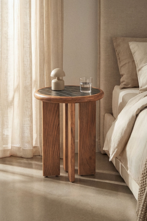 Mesa de cabeceira Ø40 cm em azulejos e madeira de acácia Aitana