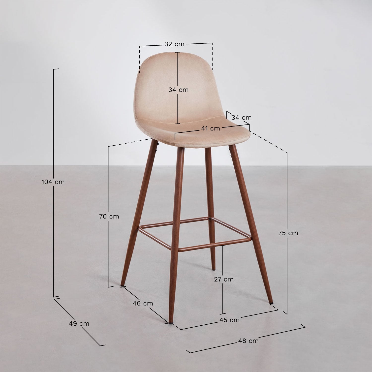 Banqueta alta de veludo Glamm, Dimens&otilde;es
