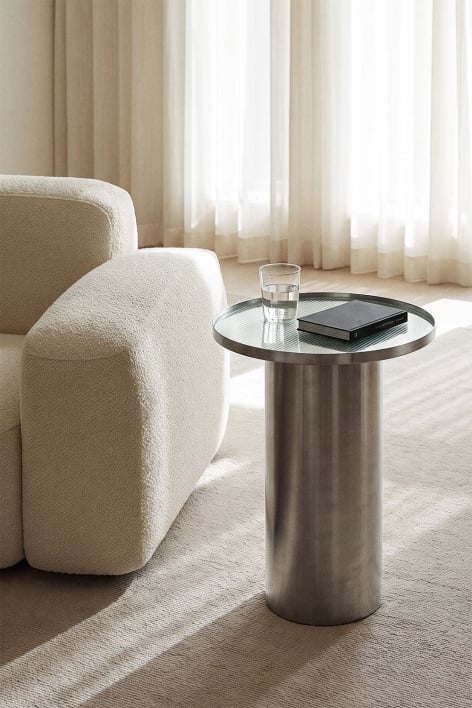 Mesa auxiliar redonda Ø35 cm em vidro e aço inoxidável Suvani