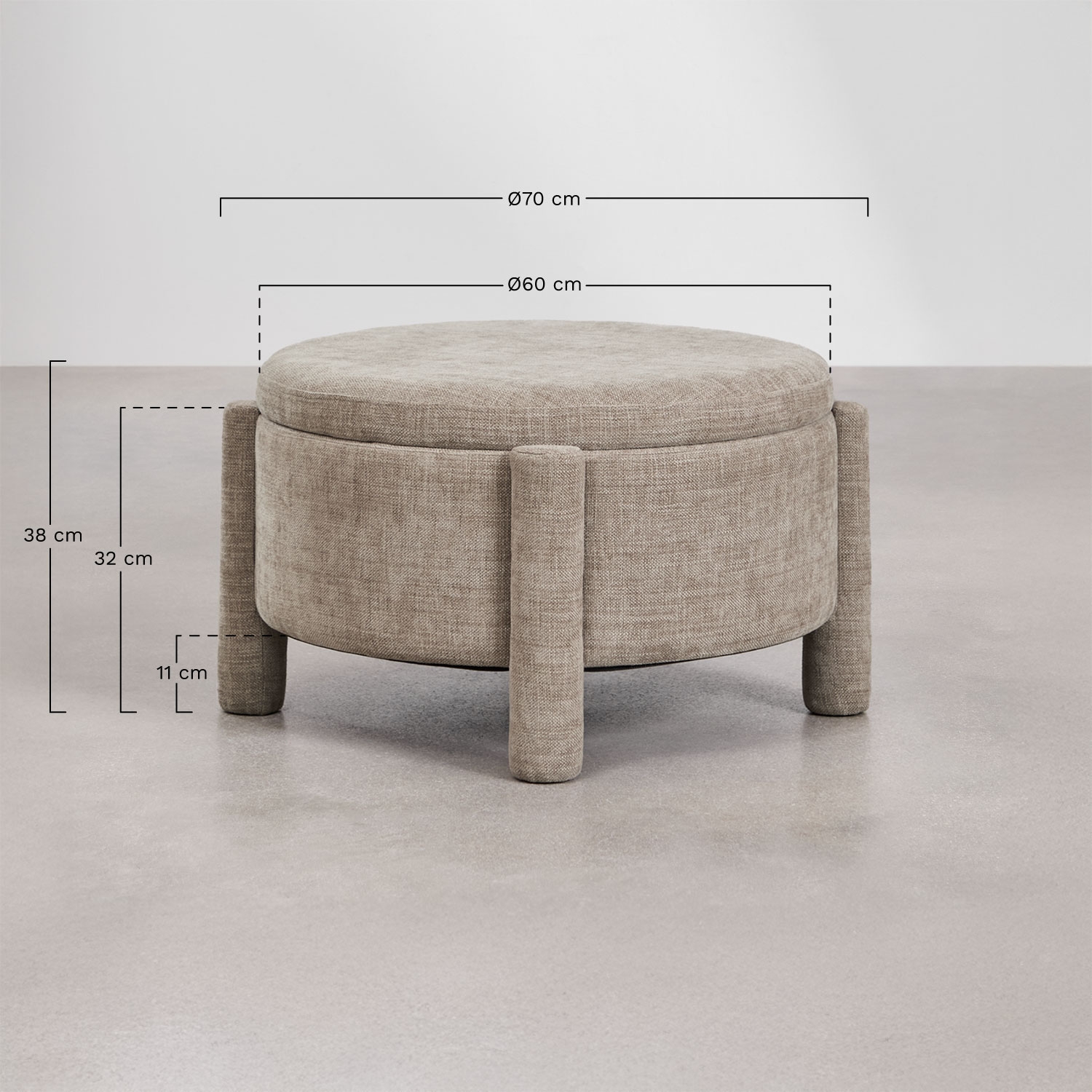 Puff redondo Ø70 cm com armazenamento estofado Cleo, Dimens&otilde;es