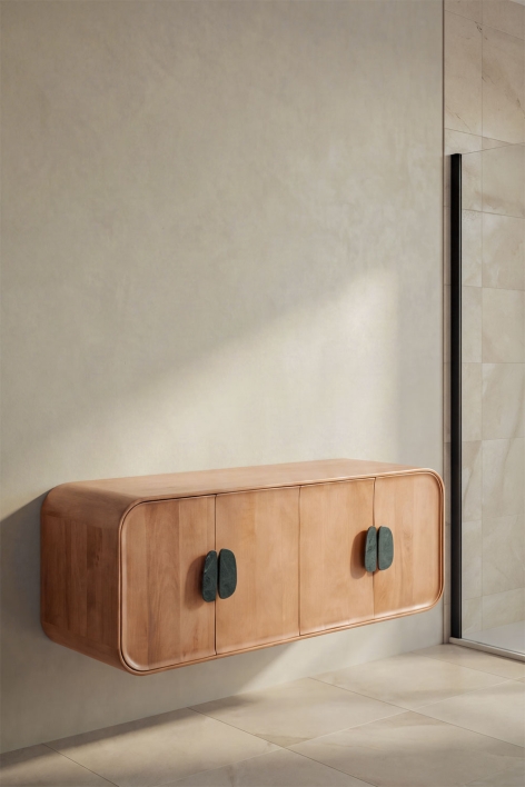 Conjunto de móvel de casa de banho dupla suspensa 130x45 cm em madeira de manga e pedra natural Kivalina - Mármore verde Udaipur - Madeira de mangueira