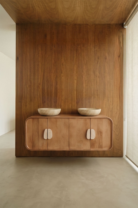 Conjunto de móvel de casa de banho dupla suspensa 130x45 cm em madeira de manga e pedra natural Kivalina - Travertino - Madeira de mangueira