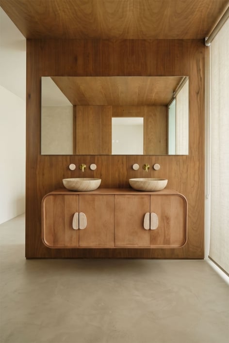 Conjunto de móvel de casa de banho dupla suspensa 130x45 cm em madeira de manga e pedra natural Kivalina