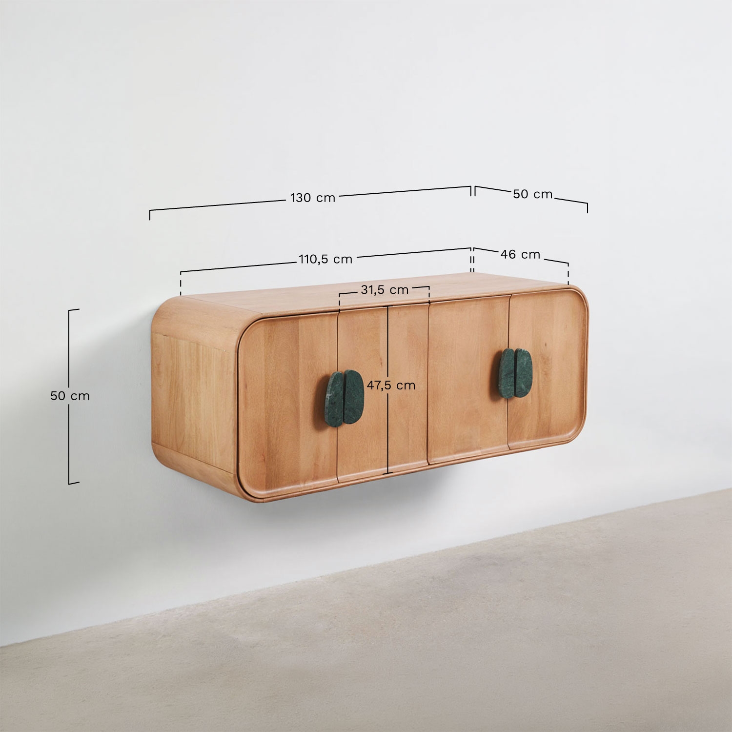 Conjunto de móvel de casa de banho dupla suspensa 130x45 cm em madeira de manga e pedra natural Kivalina, Dimens&otilde;es