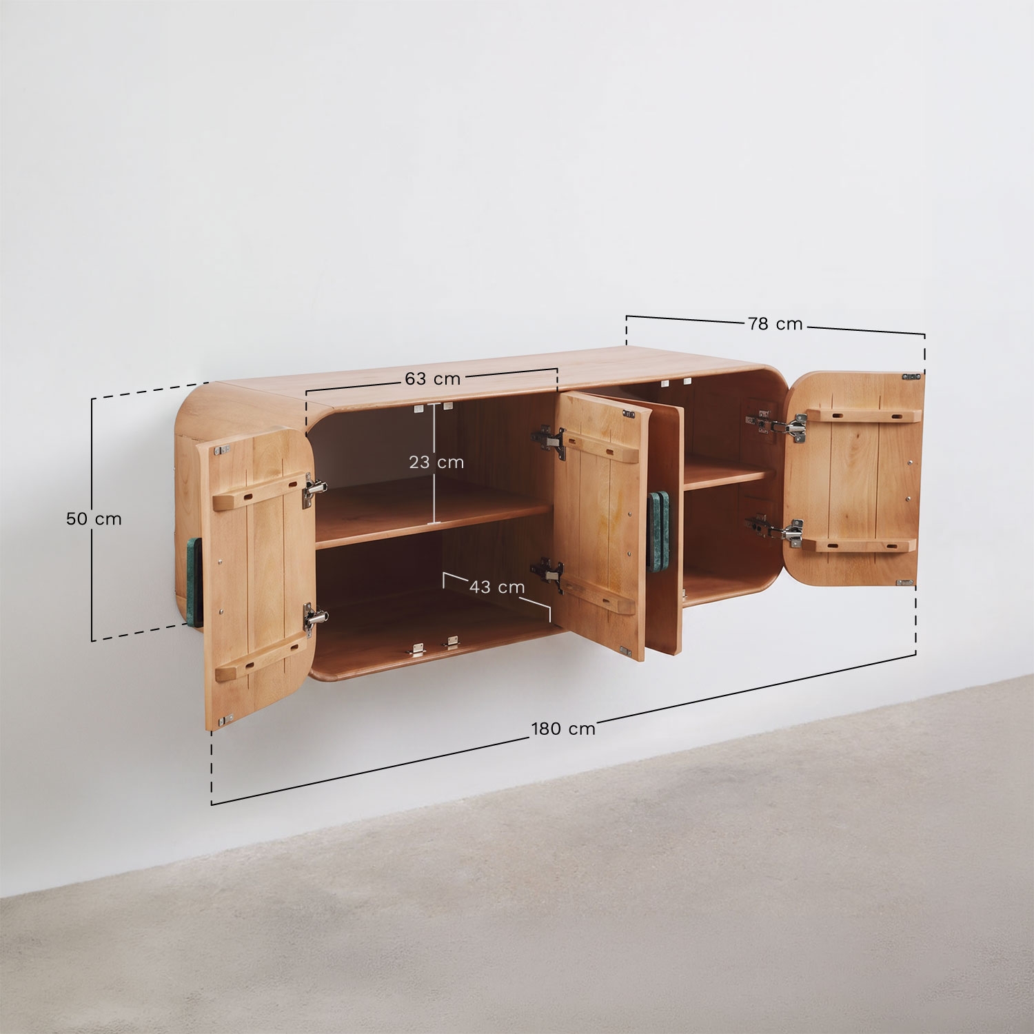 Conjunto de móvel de casa de banho dupla suspensa 130x45 cm em madeira de manga e pedra natural Kivalina, Dimens&otilde;es