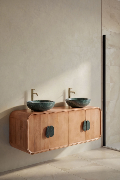 Conjunto de móvel de casa de banho dupla suspensa 130x45 cm em madeira de manga e pedra natural Kivalina - Mármore verde Udaipur - Madeira de mangueira