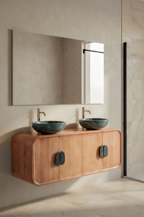 Conjunto de móvel de casa de banho dupla suspensa 130x45 cm em madeira de manga e pedra natural Kivalina - Mármore verde Udaipur - Madeira de mangueira