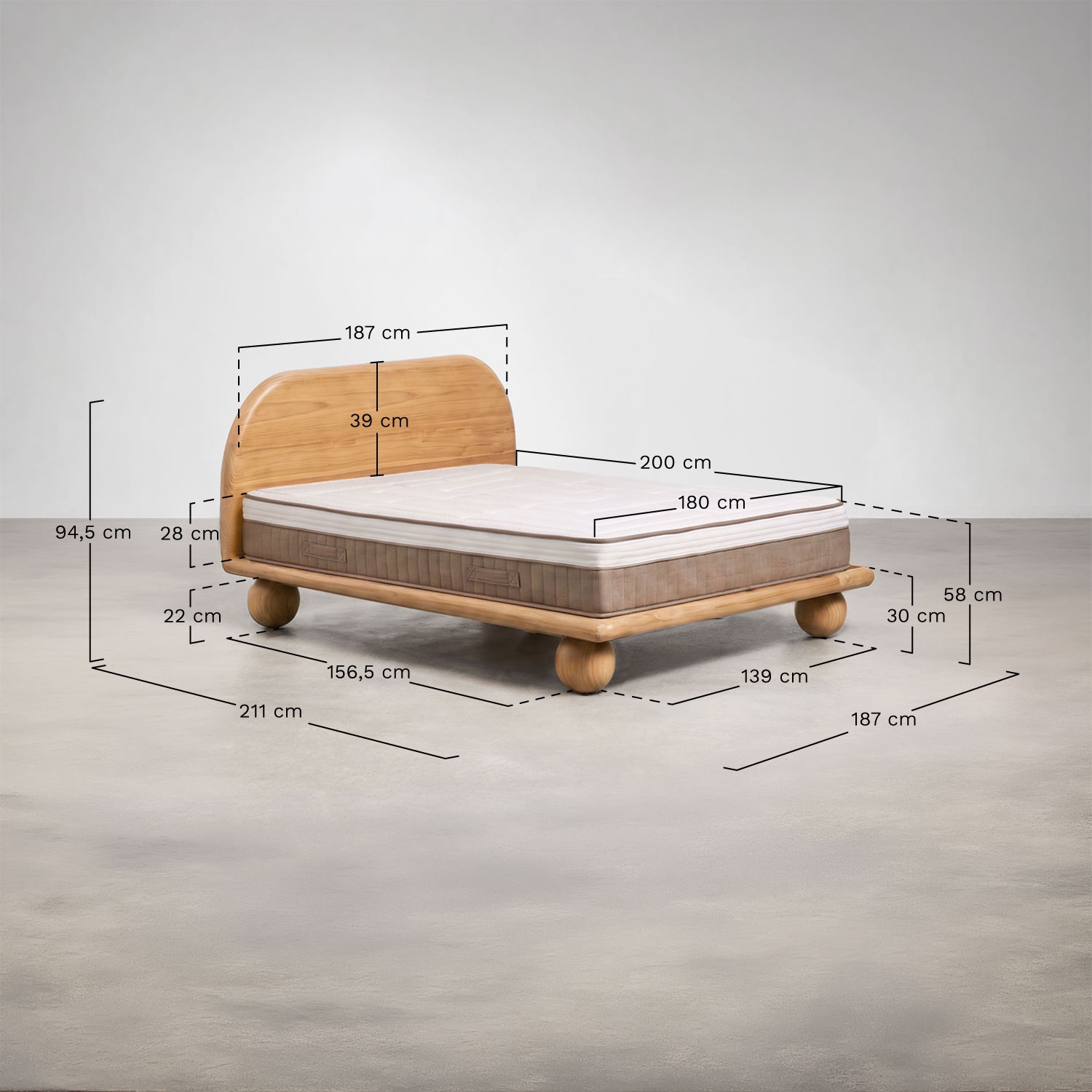 Cama em madeira de manga Bicheno, Dimens&otilde;es