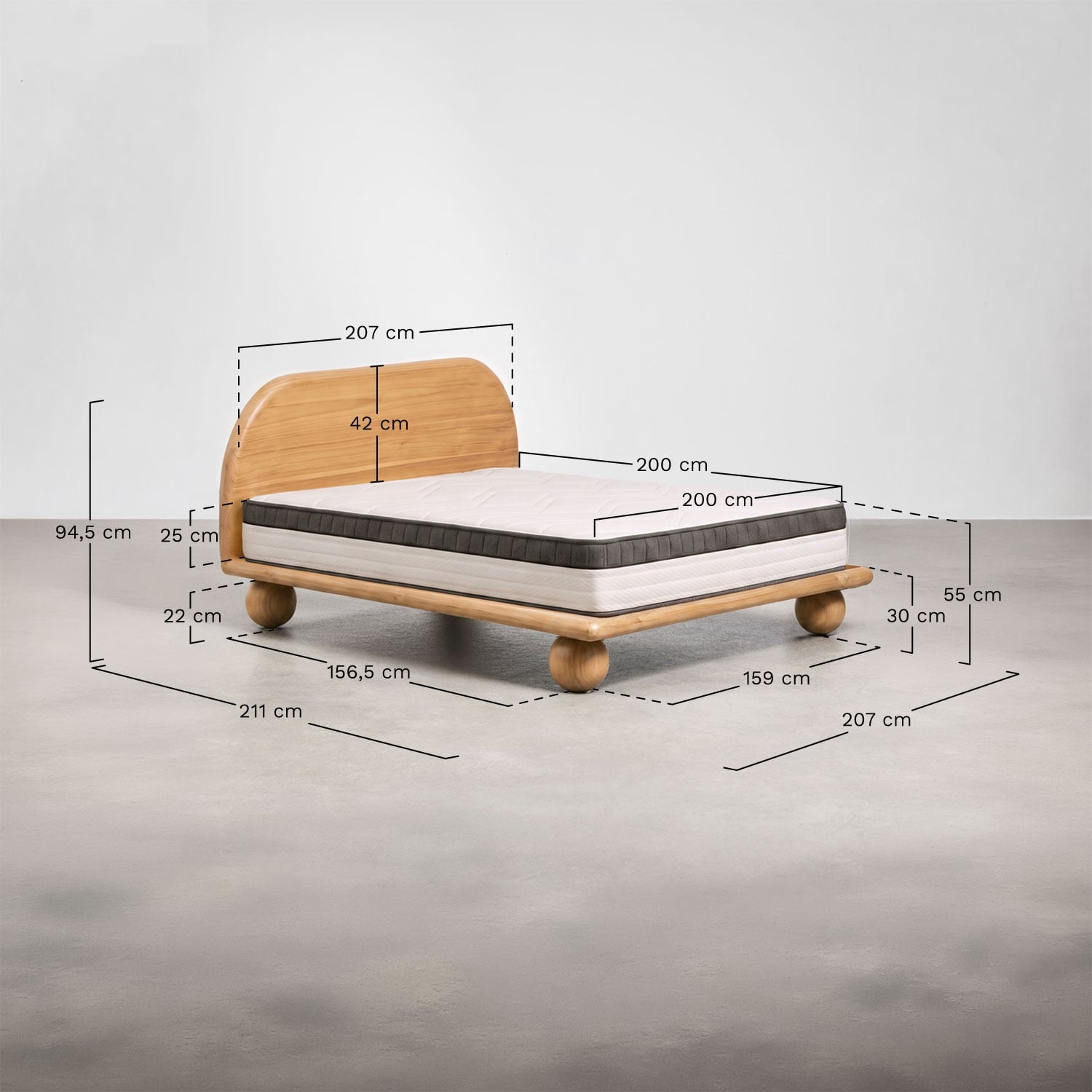 Cama em madeira de manga Bicheno, Dimens&otilde;es