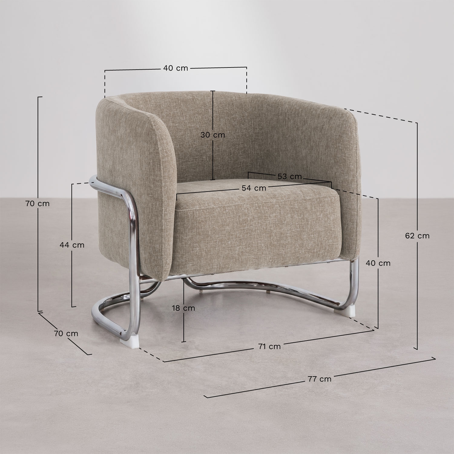 Pack de 2 poltronas estofadas e em ferro Zantria, Dimens&otilde;es