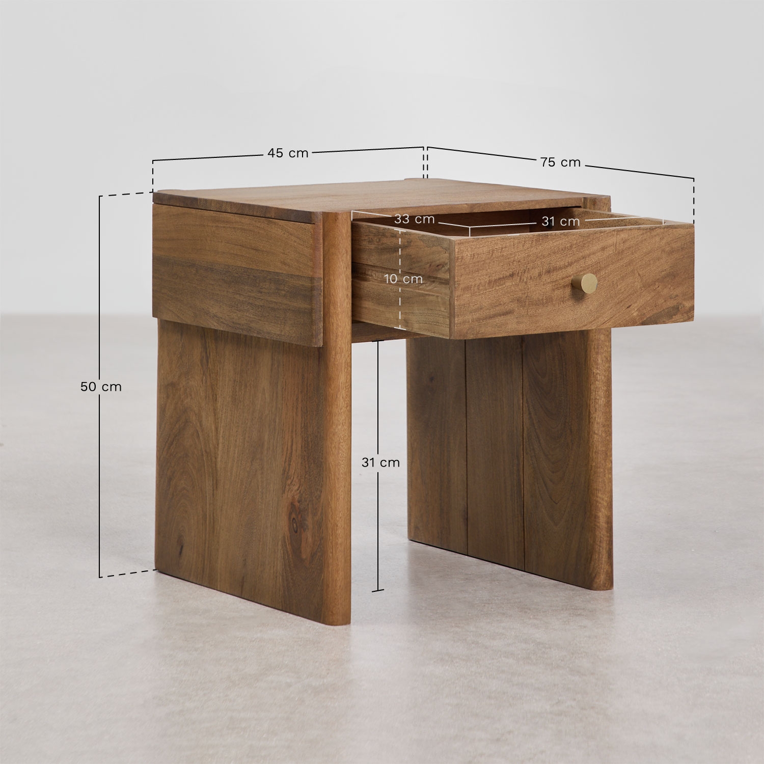 Pack de 2 mesas de cabeceira 45x45 cm em madeira de manga Antonela, Dimens&otilde;es
