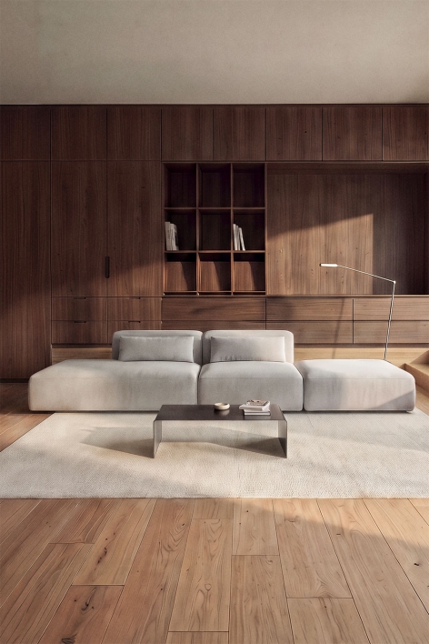 Sofá modular de 2 peças com chaise longue à esquerda e puff Fogler