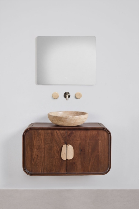 Conjunto de móvel de casa de banho suspenso 95x45 cm em madeira de manga e pedra natural Kivalina - Travertino - Madeira de mangueira escura