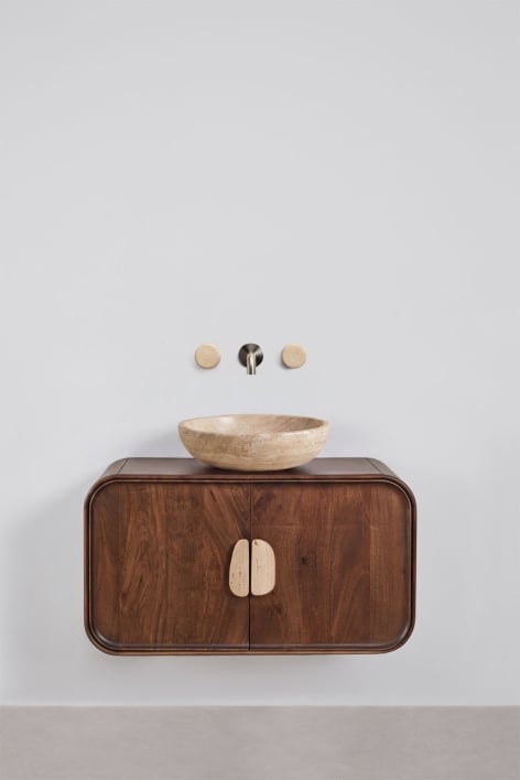Conjunto de móvel de casa de banho suspenso 95x45 cm em madeira de manga e pedra natural Kivalina - Travertino - Madeira de mangueira escura