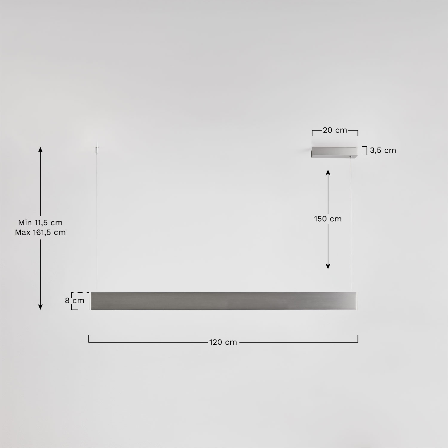 Lâmpada de teto suspensa linear LED 120 cm em alumínio Airali, Dimens&otilde;es