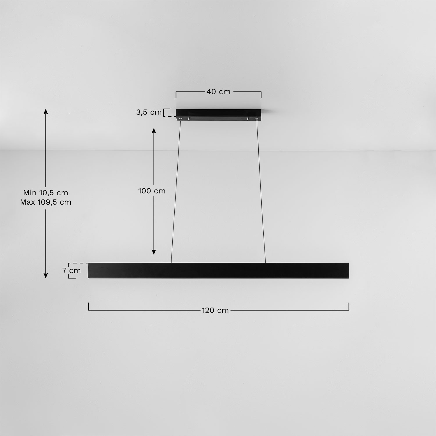 Lâmpada de teto pendente linear LED 120 cm em alumínio Astley, Dimens&otilde;es