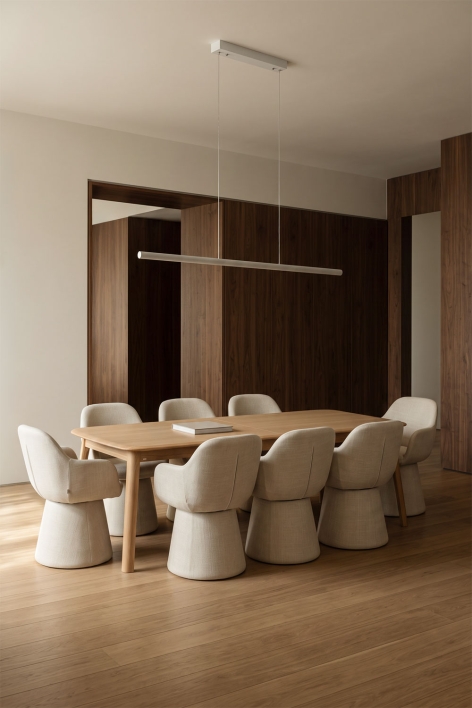Conjunto de mesa extensível 220-320x95 cm em madeira de carvalho Treveris e 8 cadeiras de jantar com braços em tecido Erica