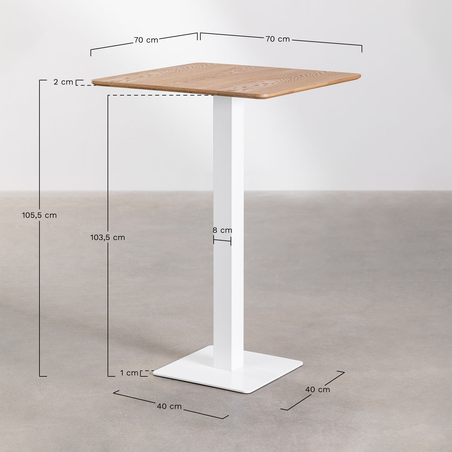 Mesa alta de bar quadrada em chapa de freixo Espresso, Dimens&otilde;es