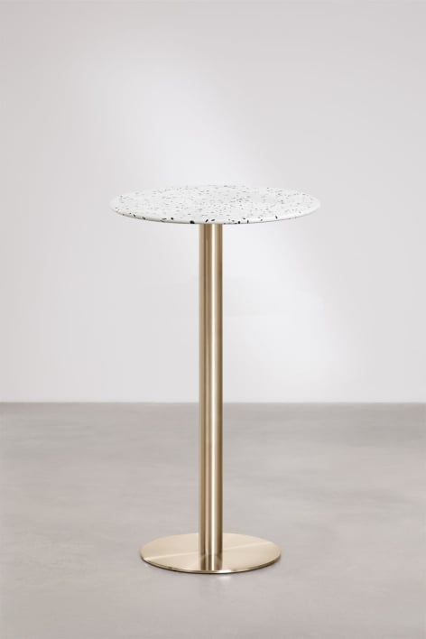 Mesa alta de bar redonda Ø60 cm em terraço Xiren - Terrazzo Marfim E Preto - Dourado Escovado