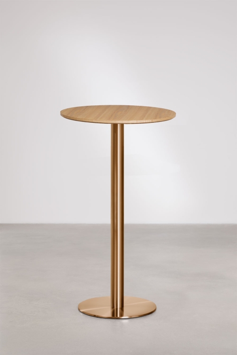 Mesa alta de bar redonda Ø60 cm em MDF Xiren - Castanho Madeira Natural - Ouro Rosa Escovado