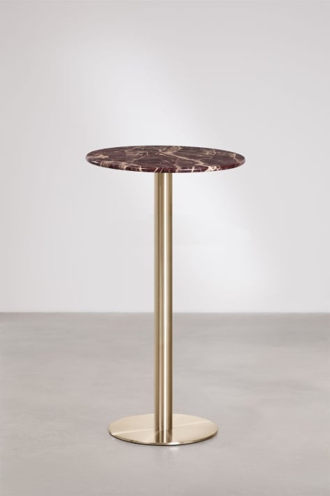 Mesa alta de bar redonda Ø60 cm em pedra natural Xiren - Mármore Vermelho Cherry Gold - Dourado Escovado
