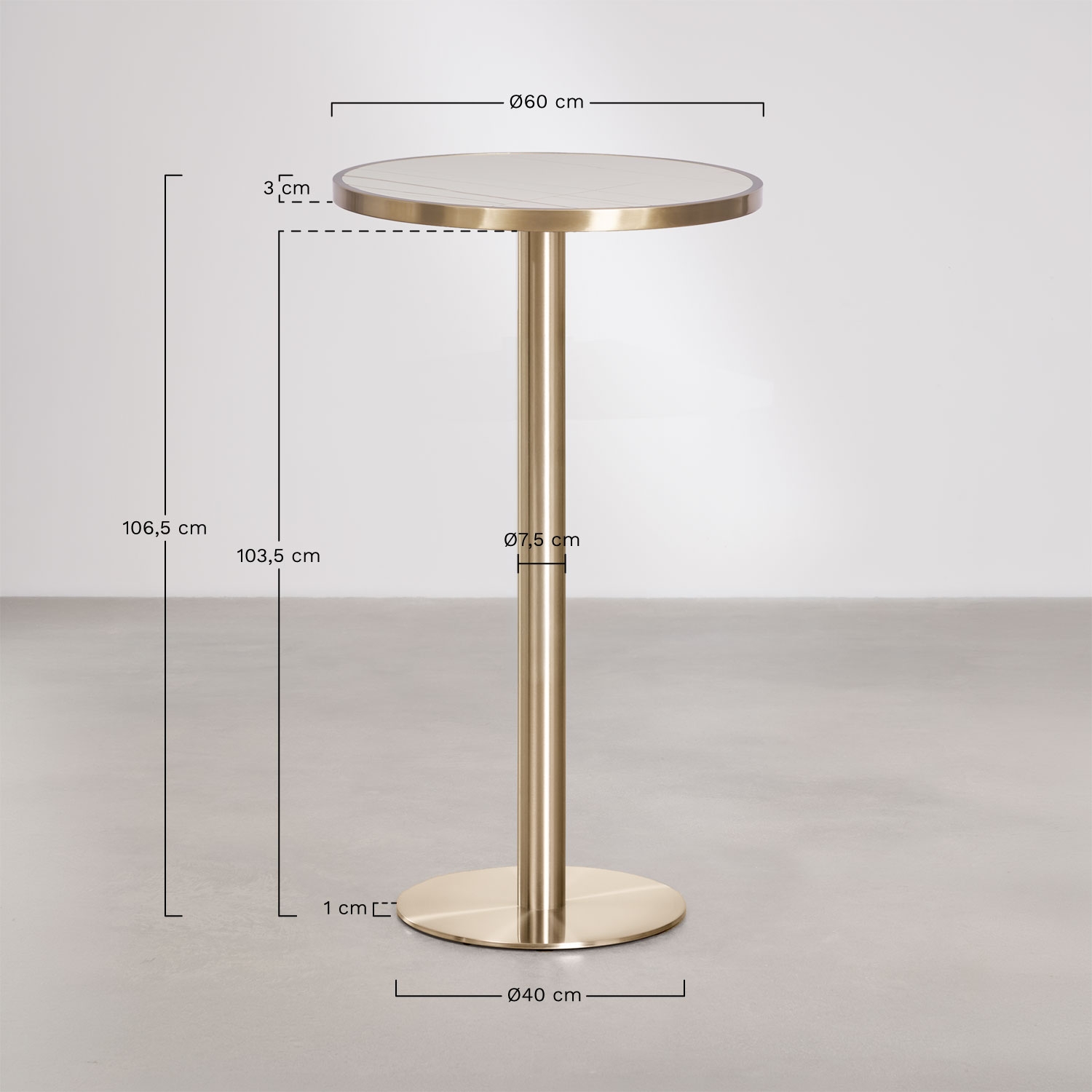 Mesa alta de bar redonda Ø60 cm em grés Xiren, Dimens&otilde;es