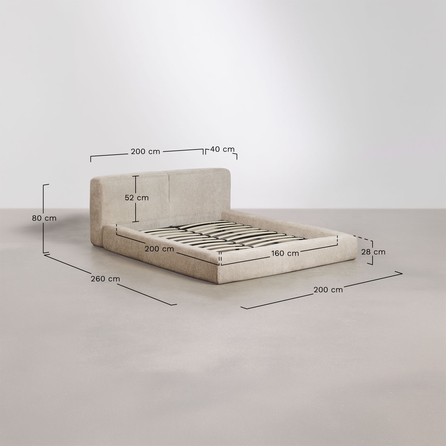 Cama em chenille embalada a vácuo Aitasia, Dimens&otilde;es