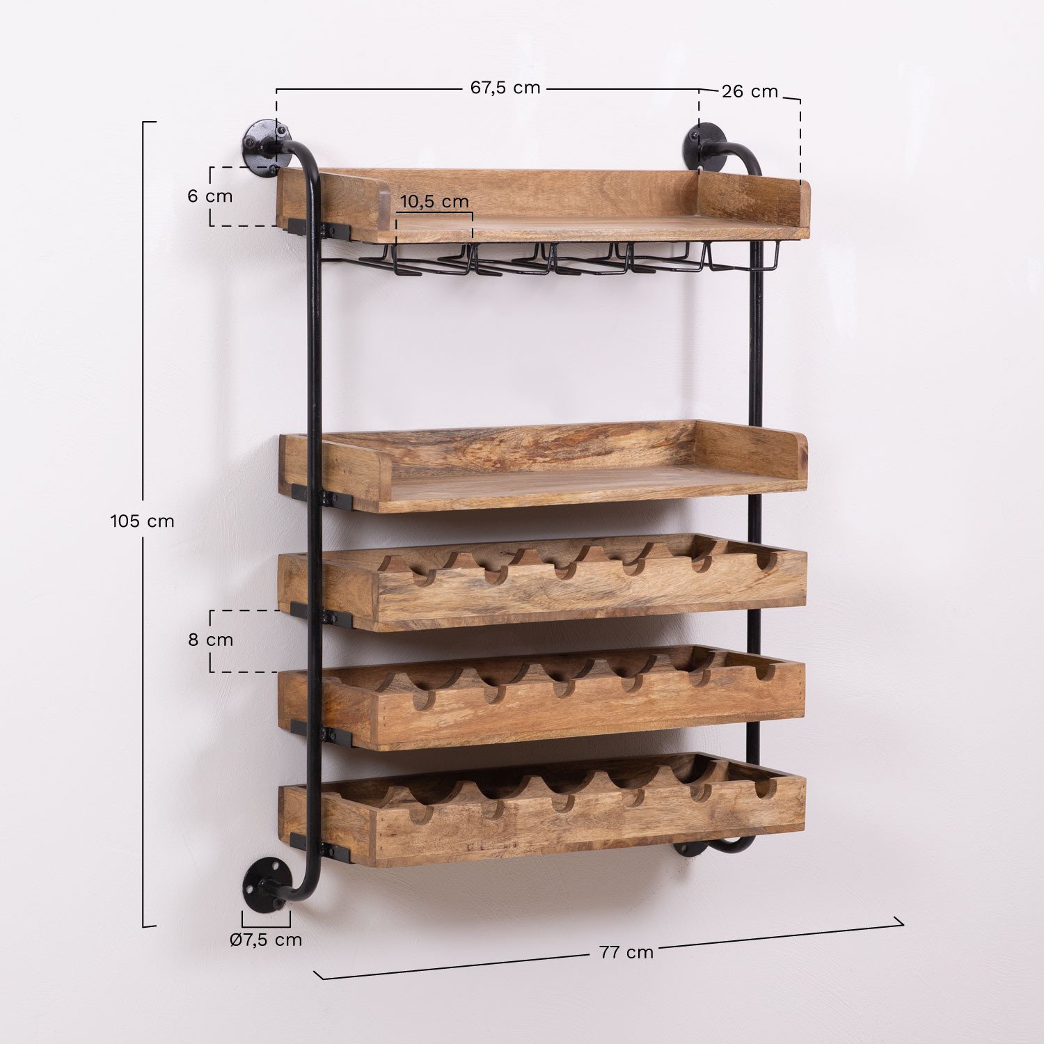Garrafeira de parede para 18 garrafas em madeira Wenni Style, Dimensões