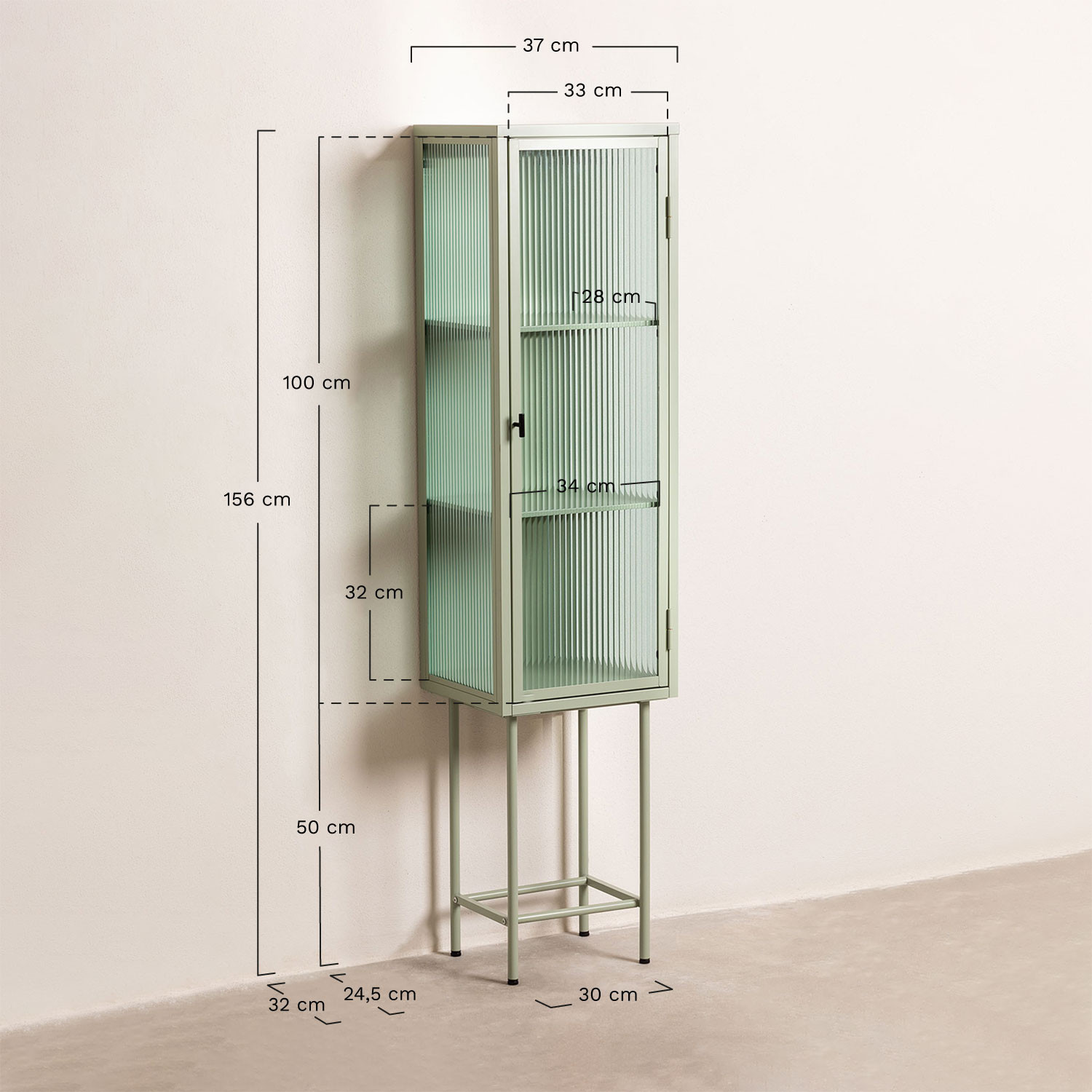 Vitrine de 1 Porta em Metal e Vidro Vertal , Dimensões